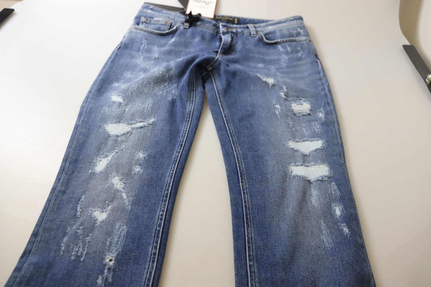 Dolce & Gabbana Blaue gewaschene Baumwoll-Skinny-Jeans mit niedriger Taille aus Denim