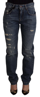 Dolce & Gabbana Blaue Denim Barock Herz Logo Patch Hose Jeans