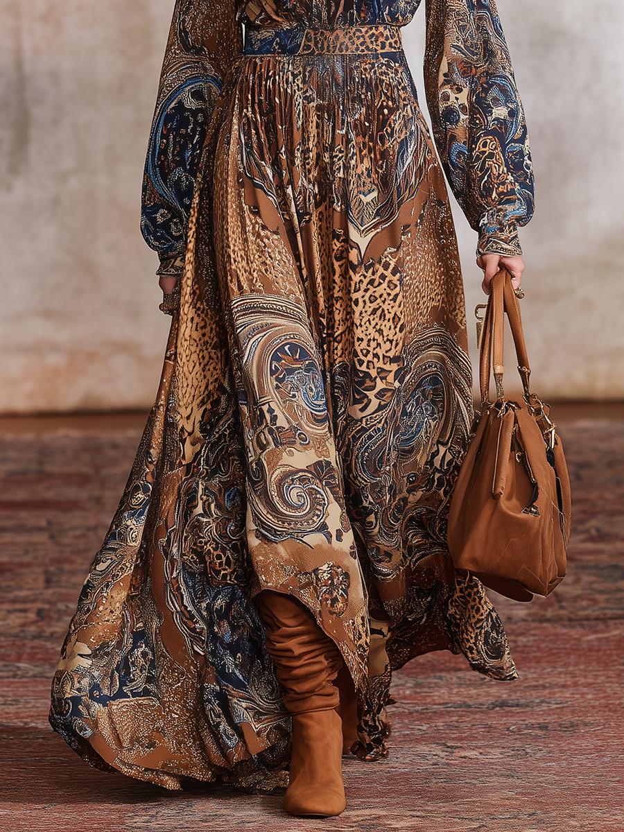 Winter-Boho-Chic: Maxi-Kleid mit Brauner Bohemian-Print für kalte Tage