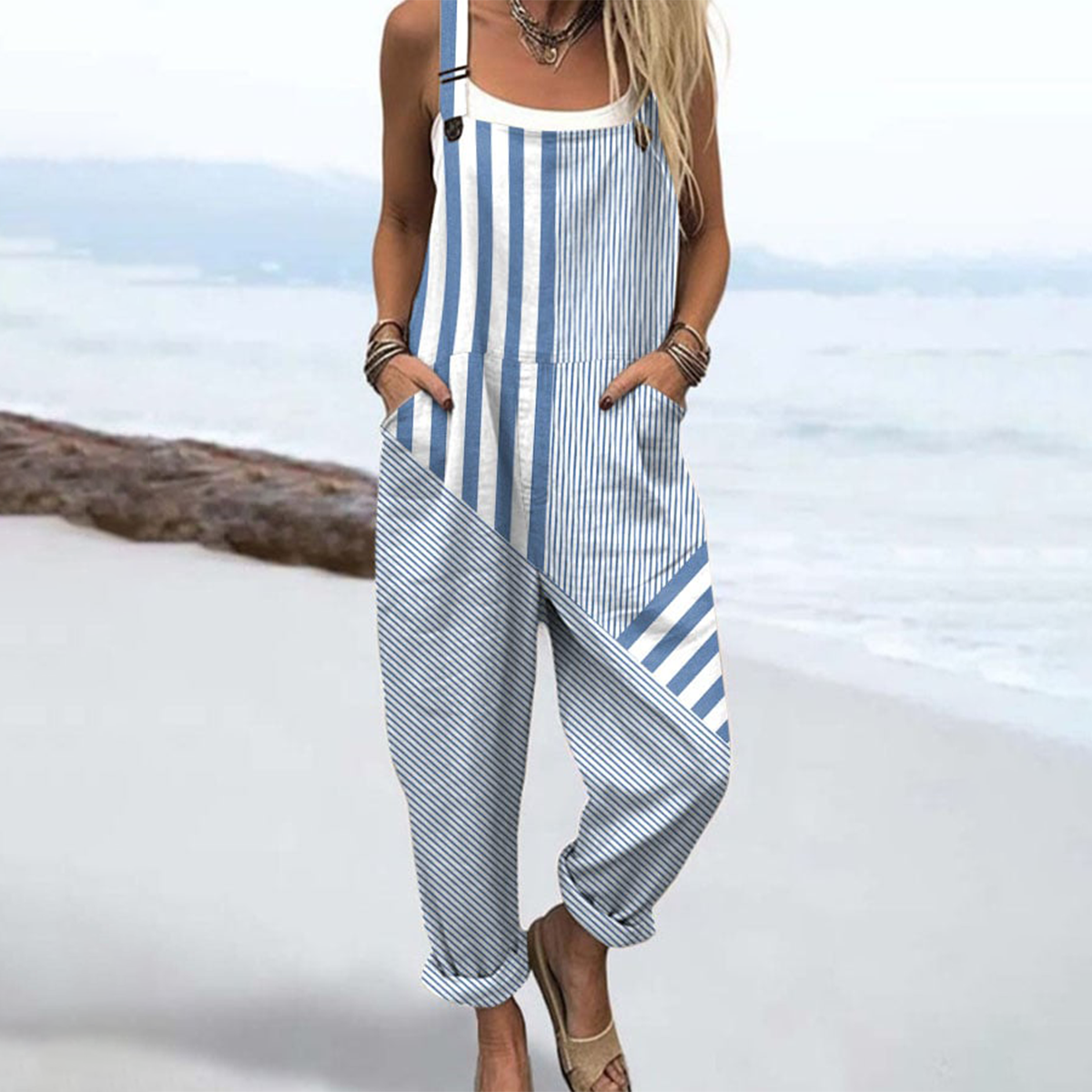 Blue Sleeveless Striped Jumpsuit - Der modische Herbstsbegleiter für jeden Anlass