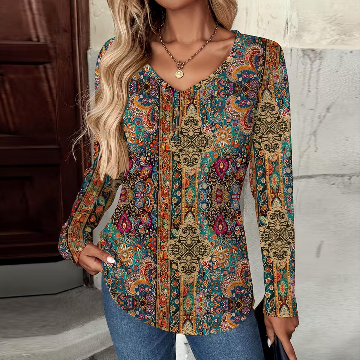 Boho Winter Longsleeve – warmes Ethno Shirt in Türkis