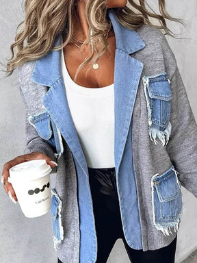 Warme Damen Strick Patchwork Denim Jacke für Winter-Outfits