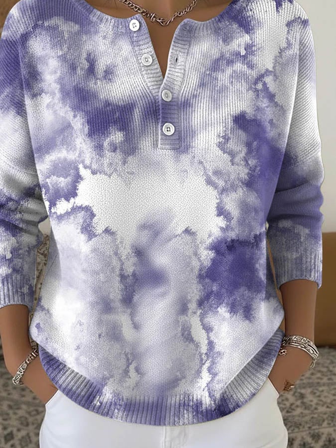 Winter Kuschel Stricktop Lila Weiß Cloudprint Langarm Damen