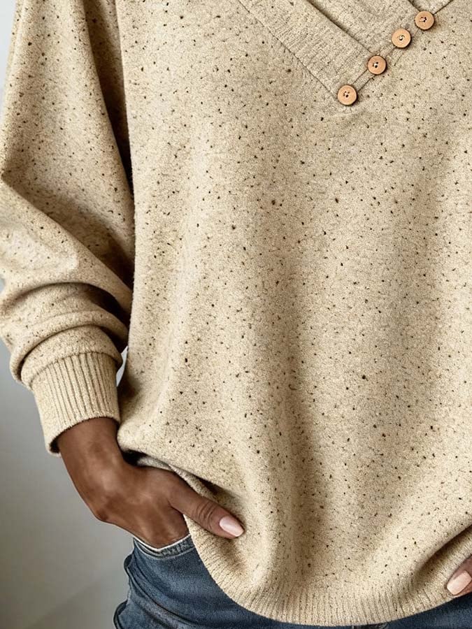 Sandbeiger Damen Winter Pullover mit V-Ausschnitt & Knöpfen