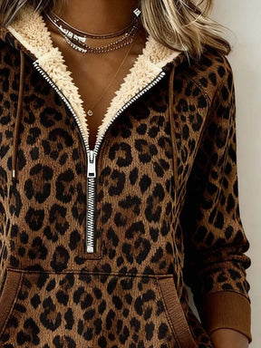 Kuscheliges Leo Hoodie Winter Damen mit Teddykragen Braun