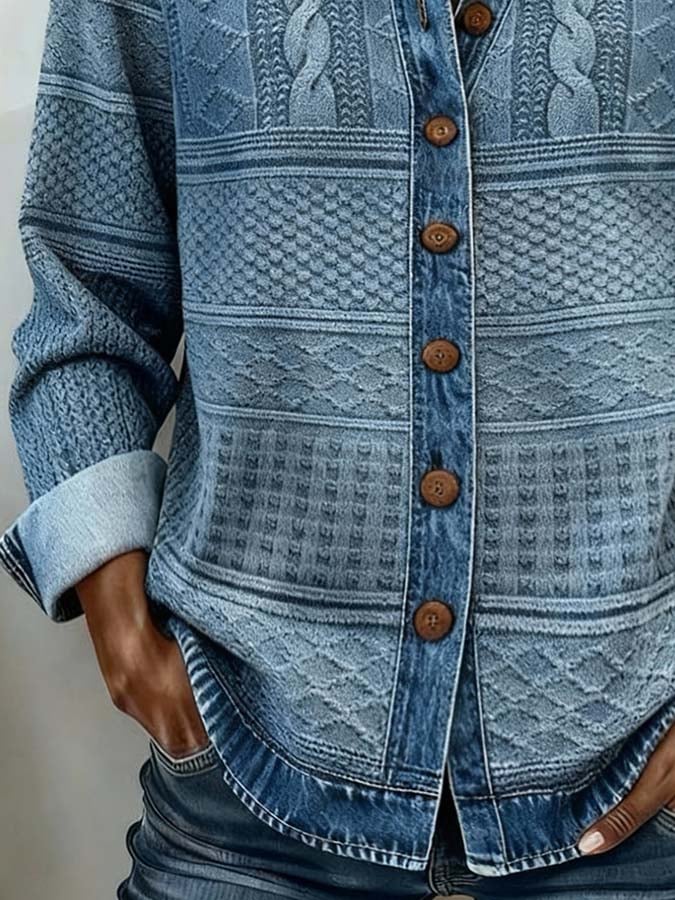 Winter Damen Denim Shirt Stricklook warmes Casual Hemd