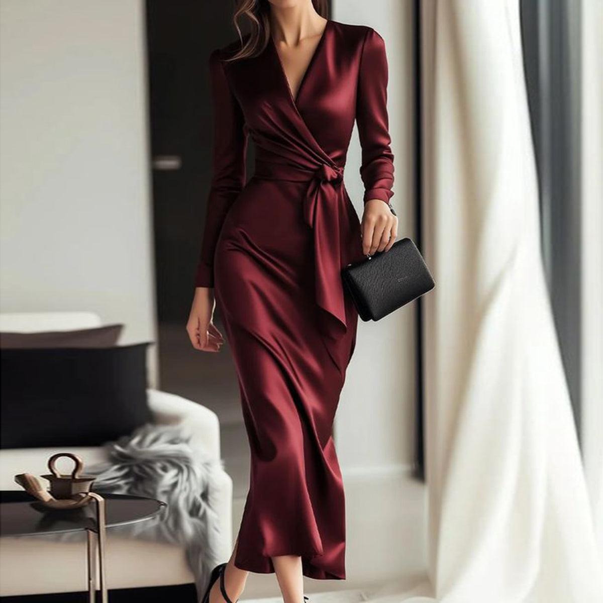 Burgundy Maxi-Kleid mit Langarm - Eleganter Herbstsbegleiter in A-Linie