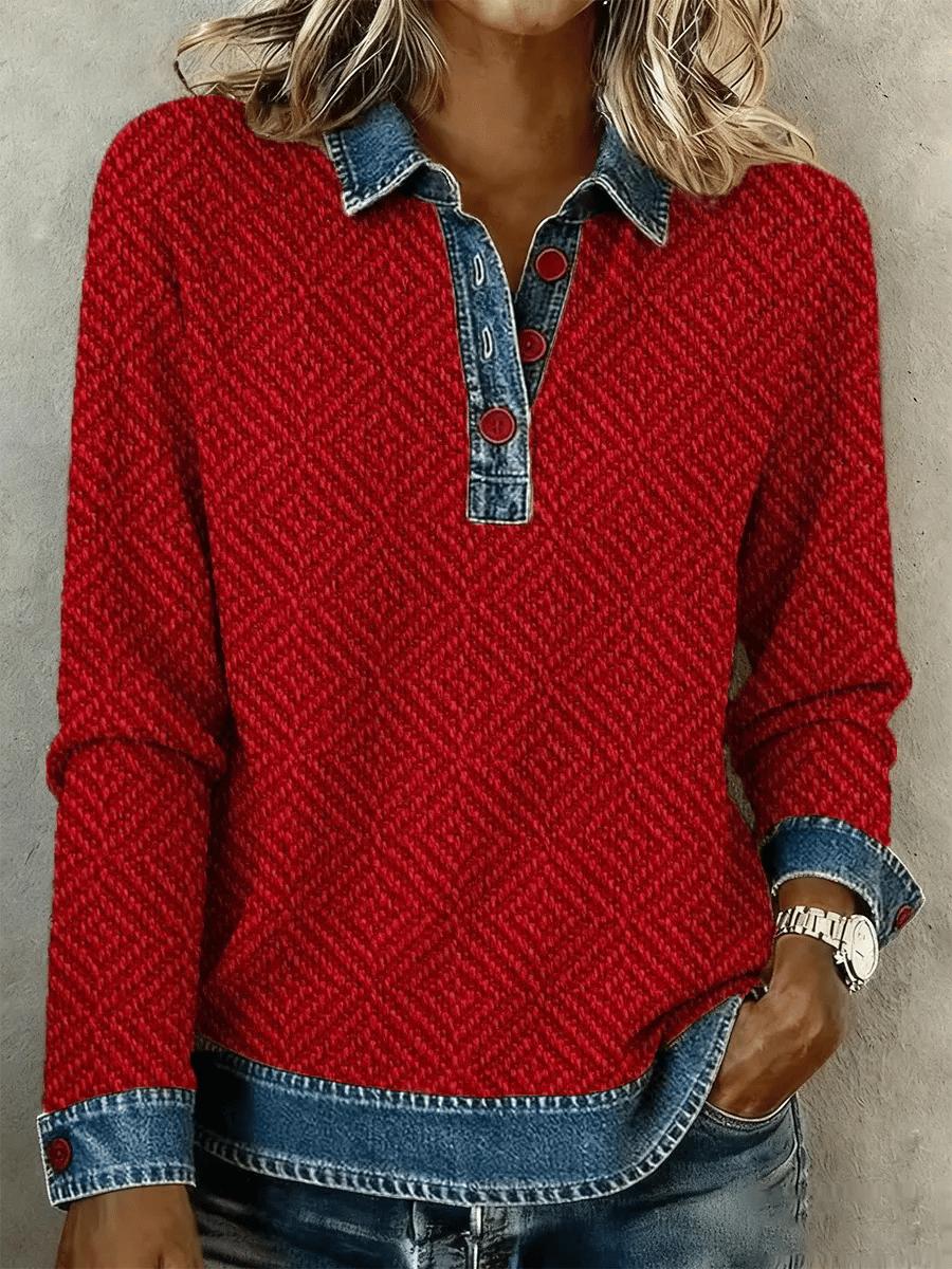 Herbstzauber: Wärmender Denim Patchwork Strickpullover mit Langarm