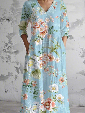 Blue V-Neck Floral Print Maxi Dress: Frühlingszauber in Eleganz & Komfort