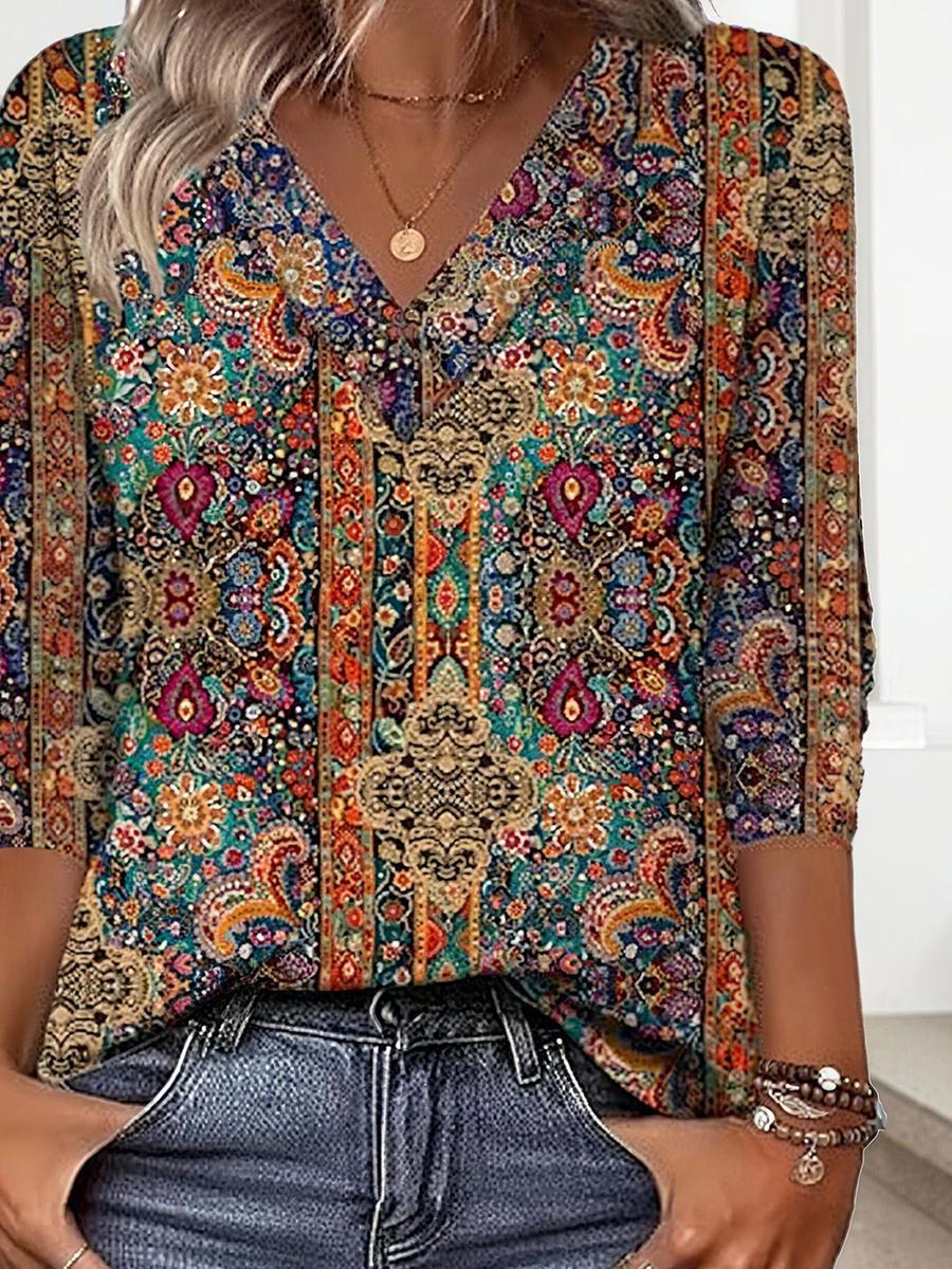 Boho Longsleeve V-Ausschnitt – warmes Winter Shirt bunt
