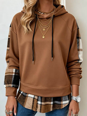 Kuscheliger Winter Hoodie karamell mit Karo-Saum Damen