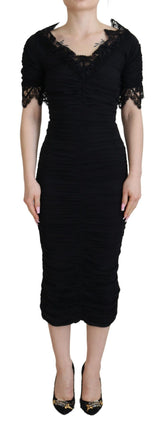 Dolce & Gabbana Schwarzes Midi-Bodycon-Kleid aus Seide mit Spitze