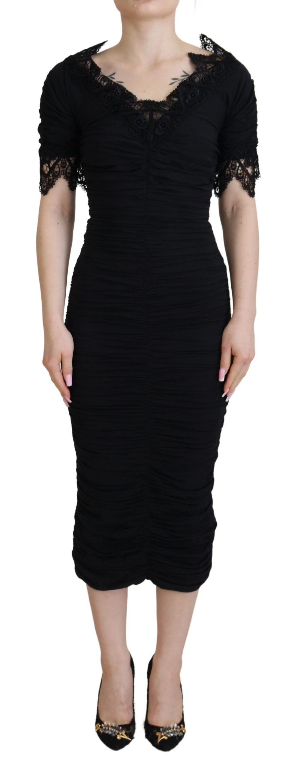 Dolce & Gabbana Schwarzes Midi-Bodycon-Kleid aus Seide mit Spitze