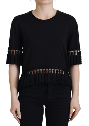 Dolce & Gabbana Schwarzes T-Shirt Bluse Tassle Baumwolle Bluse