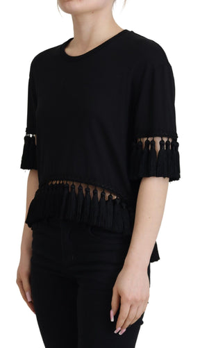 Dolce & Gabbana Schwarzes T-Shirt Bluse Tassle Baumwolle Bluse
