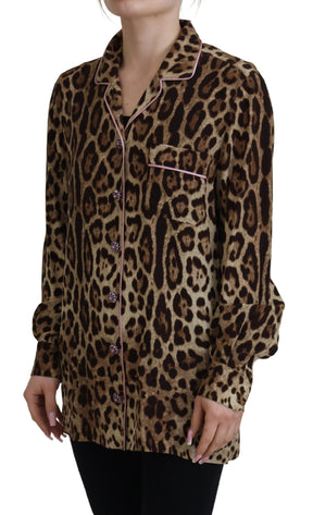 Dolce & Gabbana Braunes Leopardendruck Blusenoberteil mit langen Ärmeln