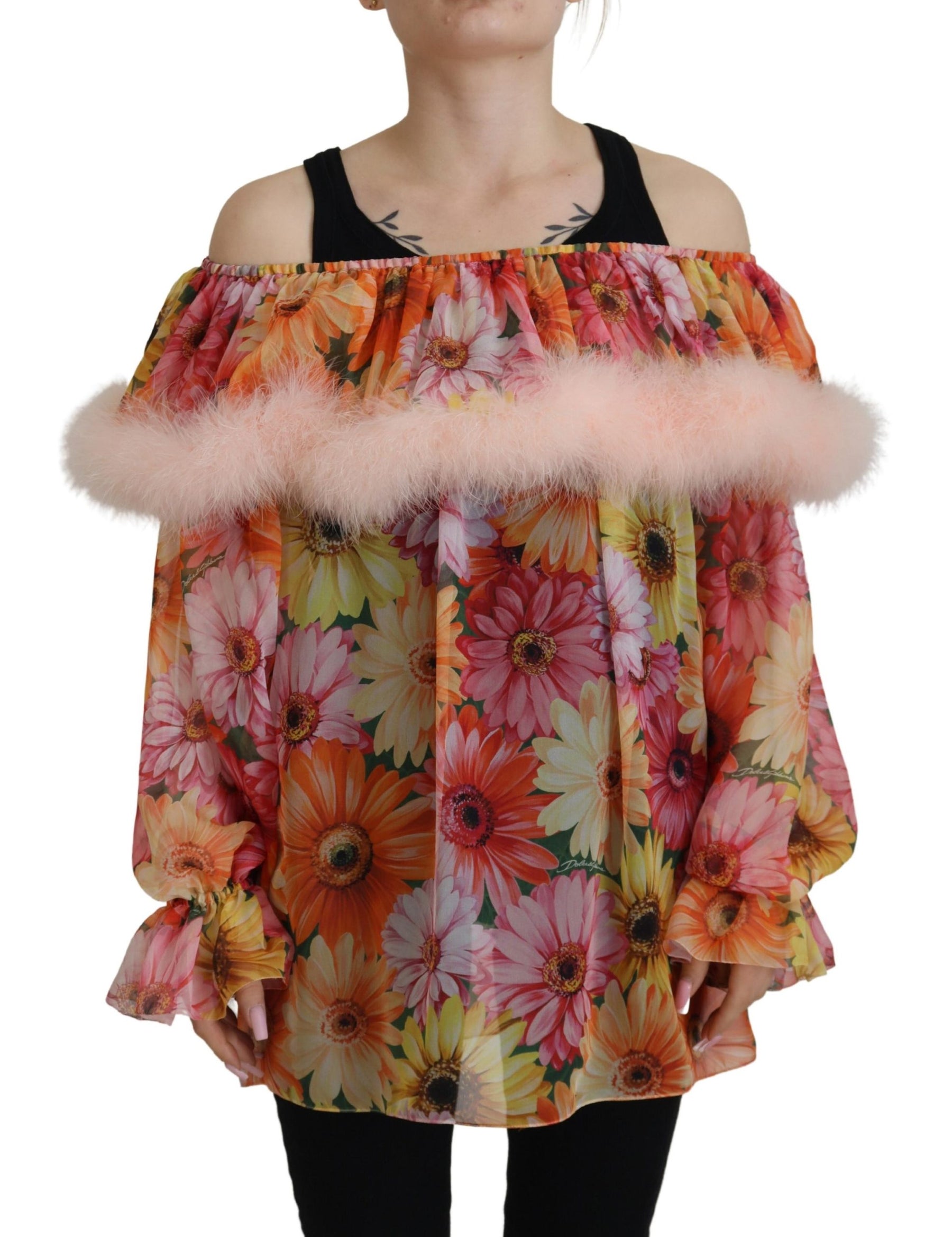 Dolce & Gabbana Multicolor Floral Pelz Shearling Bluse Top