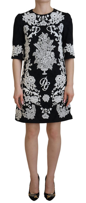 Dolce & Gabbana Schwarzes Kleid mit Spitzenbesatz und halben Ärmeln in A-Linie