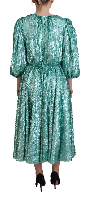 Dolce & Gabbana Blaues paillettenbesetztes plissiertes Aline Midi-Nylonkleid