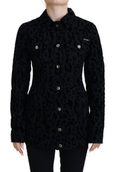Dolce & Gabbana Schwarze Leoparden-Langarm-Jacke aus Denim-Baumwolle