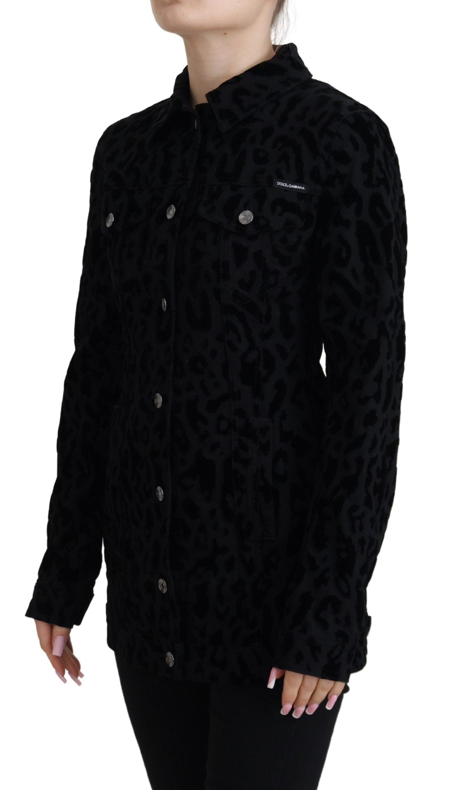 Dolce & Gabbana Schwarze Leoparden-Langarm-Jacke aus Denim-Baumwolle