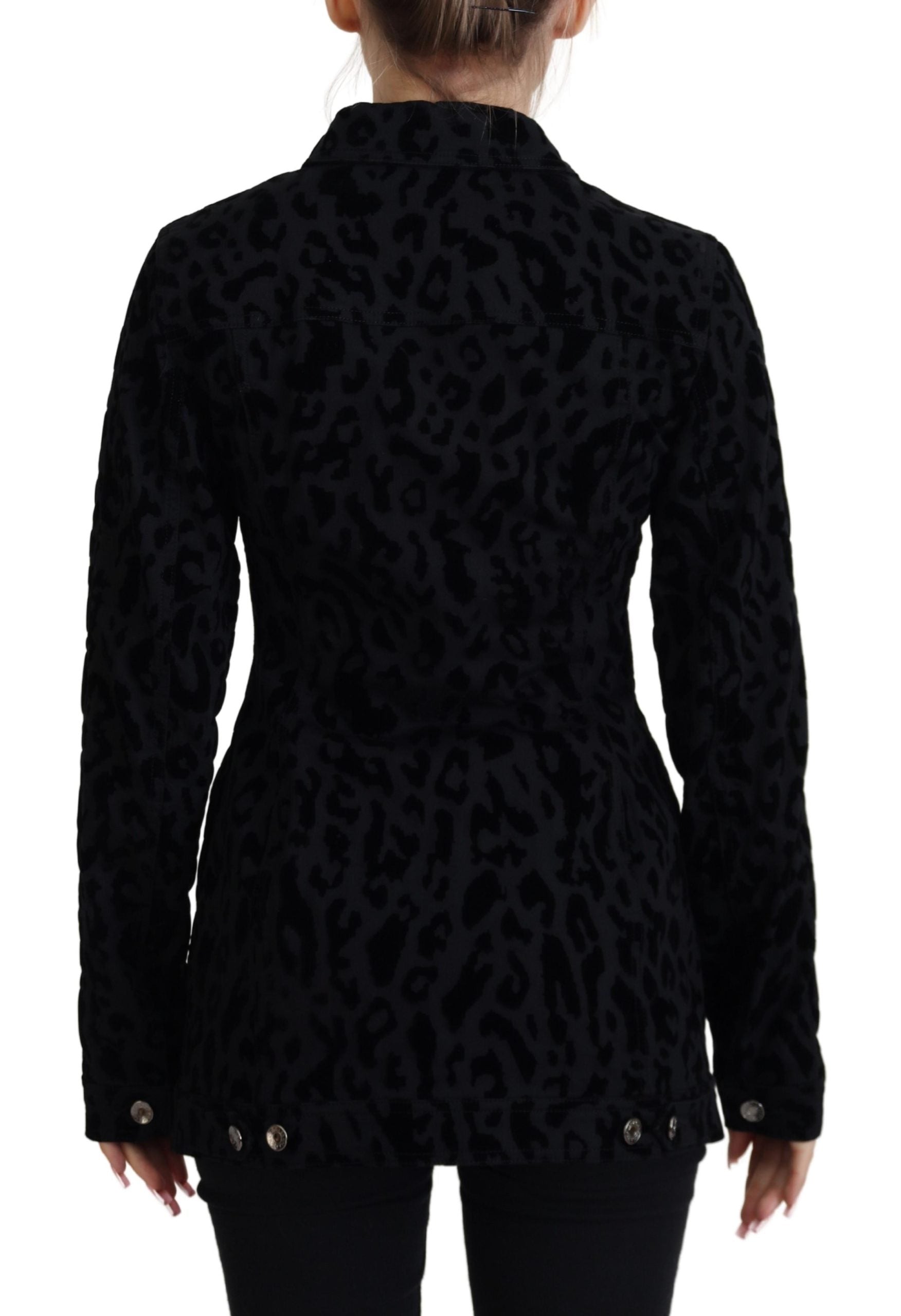 Dolce & Gabbana Schwarze Leoparden-Langarm-Jacke aus Denim-Baumwolle