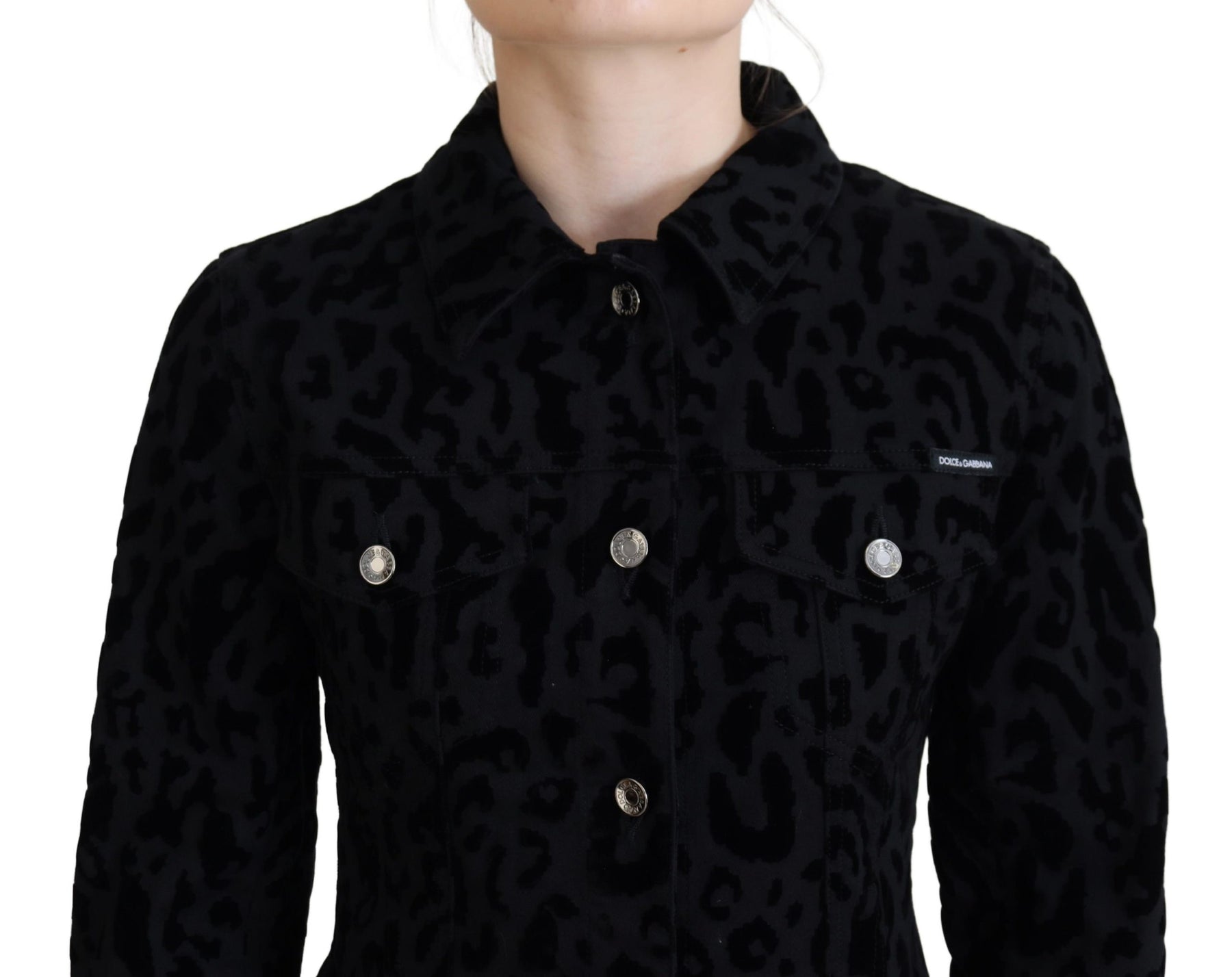 Dolce & Gabbana Schwarze Leoparden-Langarm-Jacke aus Denim-Baumwolle