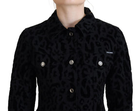 Dolce & Gabbana Schwarze Leoparden-Langarm-Jacke aus Denim-Baumwolle