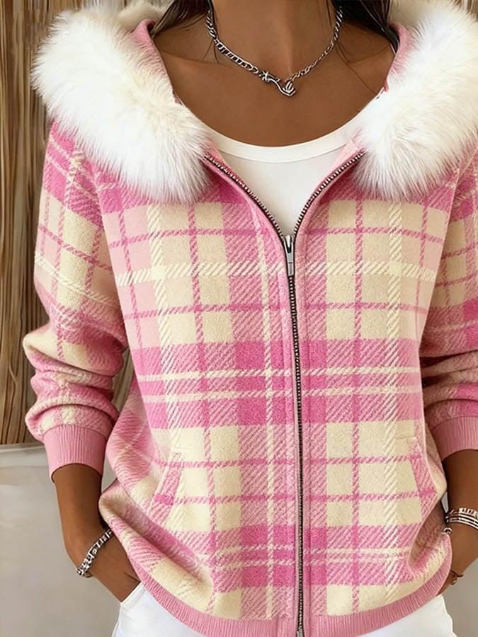 Herbstlicher Pink Check Zip Front Mantel - Modisch & Wärmend
