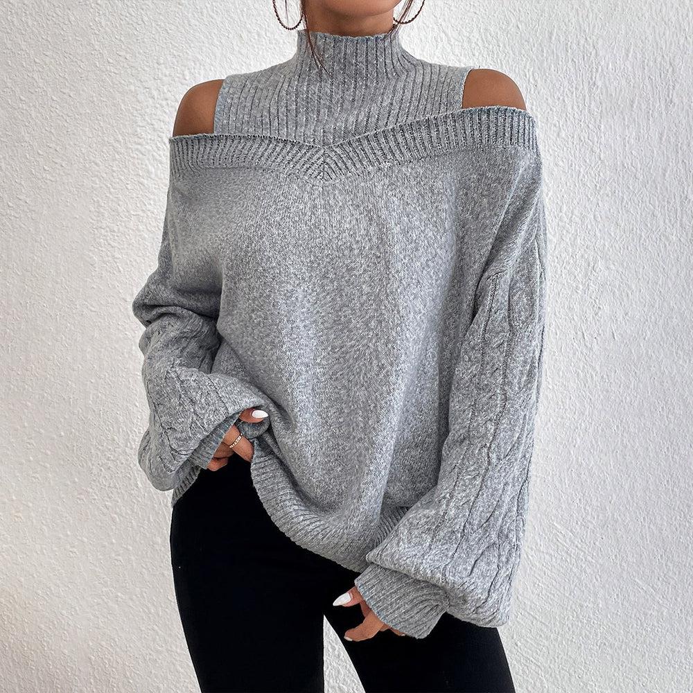 Luxuriöser Herbst-Pullover: Cold Shoulder Mock Neck in Zopfmuster