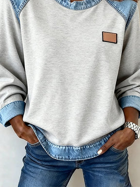 Warmer Damen Winterpullover grau mit Denim Patchwork