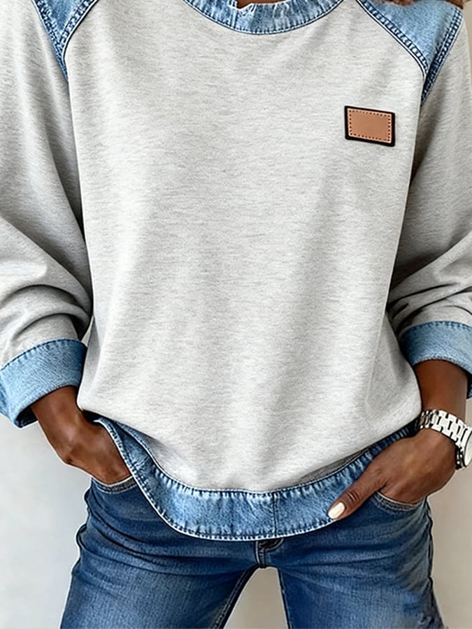 Warmer Damen Winterpullover grau mit Denim Patchwork