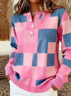 Winter Damen Strickshirt Rosa Blau Henley Longsleeve Warm