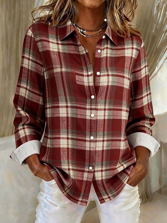 Winter Damen Karobluse bordeaux – warmes Casual Longsleeve