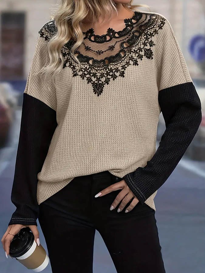 Winter Damen Waffelshirt mit Spitze Beige Schwarz Cozy Top