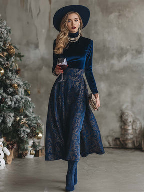 Herbstzauber: Blue Velvet Mock Neck Midi-Kleid – Eleganz trifft Komfort