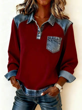 Winter Damen Denim Patchwork Pullover Sweatshirt Rot Warm