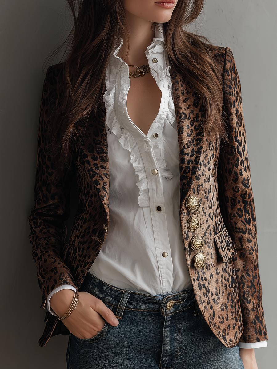 Herbstlicher Wild Leopard Print Langarm-Blazer für elegante Auftritte