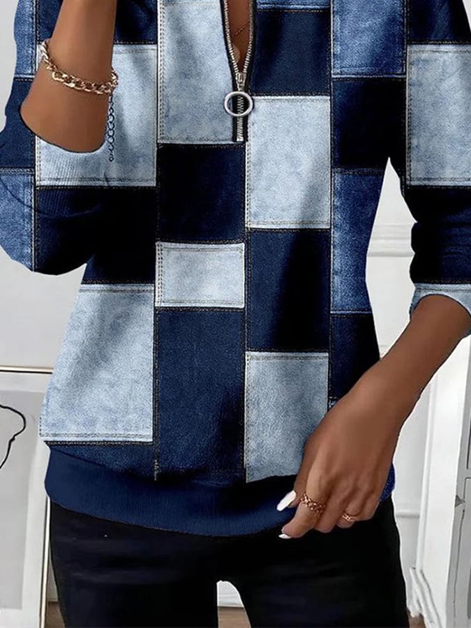 Winter Damen Sweatshirt Denim Patchwork Pullover warm navy