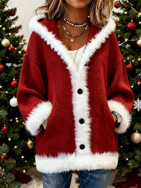 Warme Weihnachts Plüschjacke Damen in Rot mit Kapuze