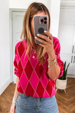 Winter-Luxus: Sweet Pink Argyle Geometric Crewneck Sweater für stilvolle Wärme