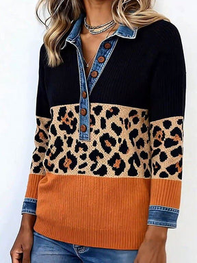 Winter Must-Have: Leoparden-Print-Pullover mit Denim-Kragen für stylischen Komfort