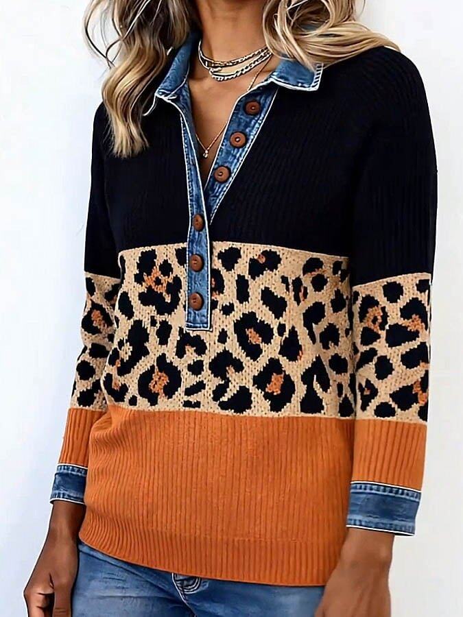 Winter Must-Have: Leoparden-Print-Pullover mit Denim-Kragen für stylischen Komfort