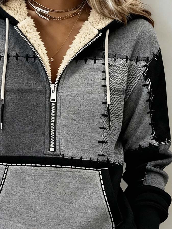 Sherpa Hoodie Winter Warm Patchwork Grau Schwarz Damen