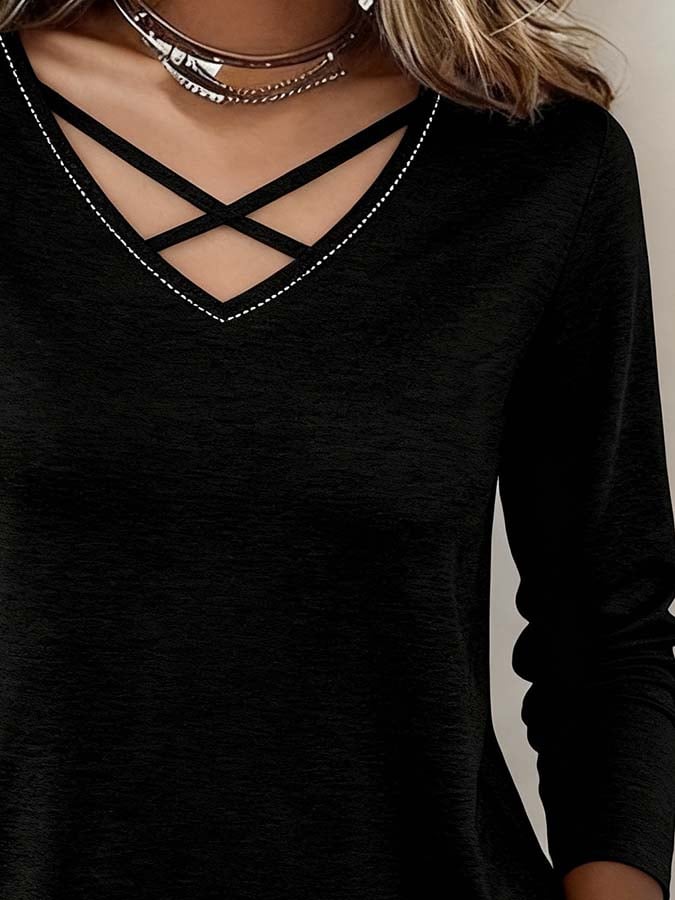 Winter Damen Crossover Pullover Top Schwarz – Elegant & Warm