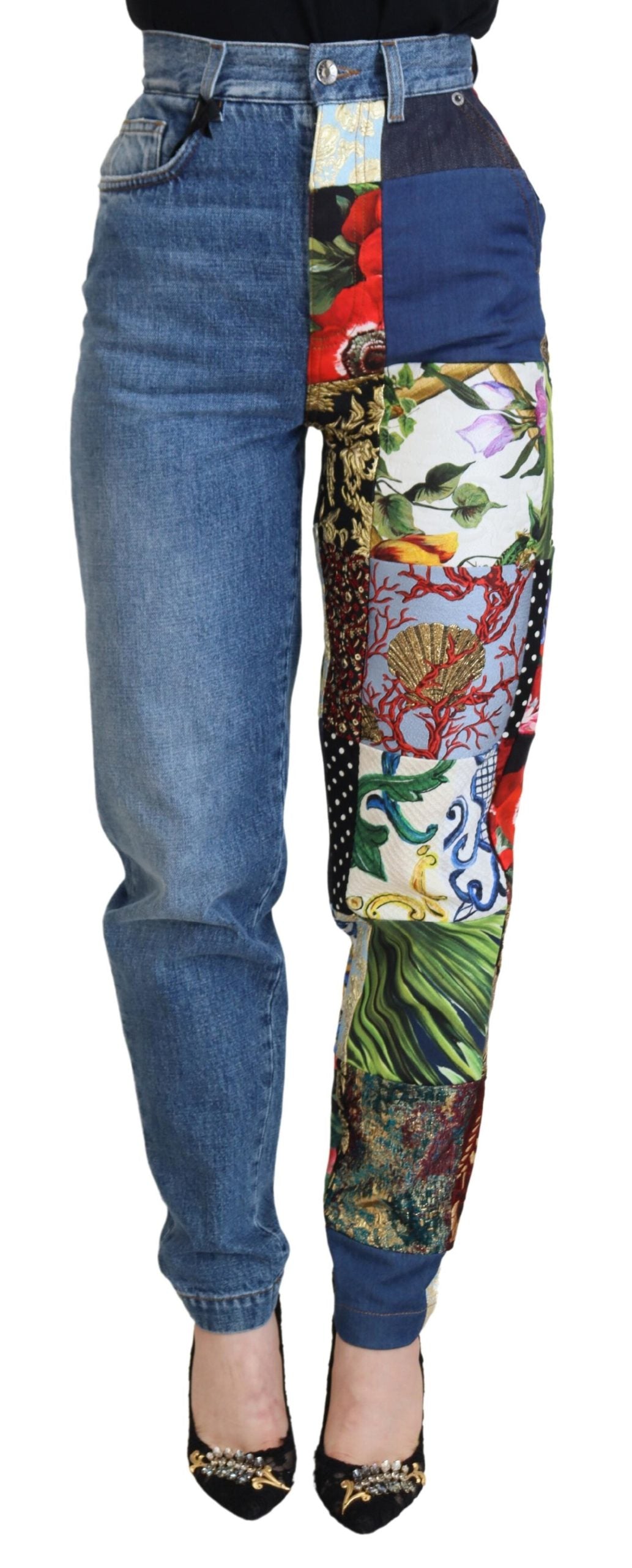 Dolce & Gabbana Blaue Jacquard Majolika Jeans mit hoher Taille