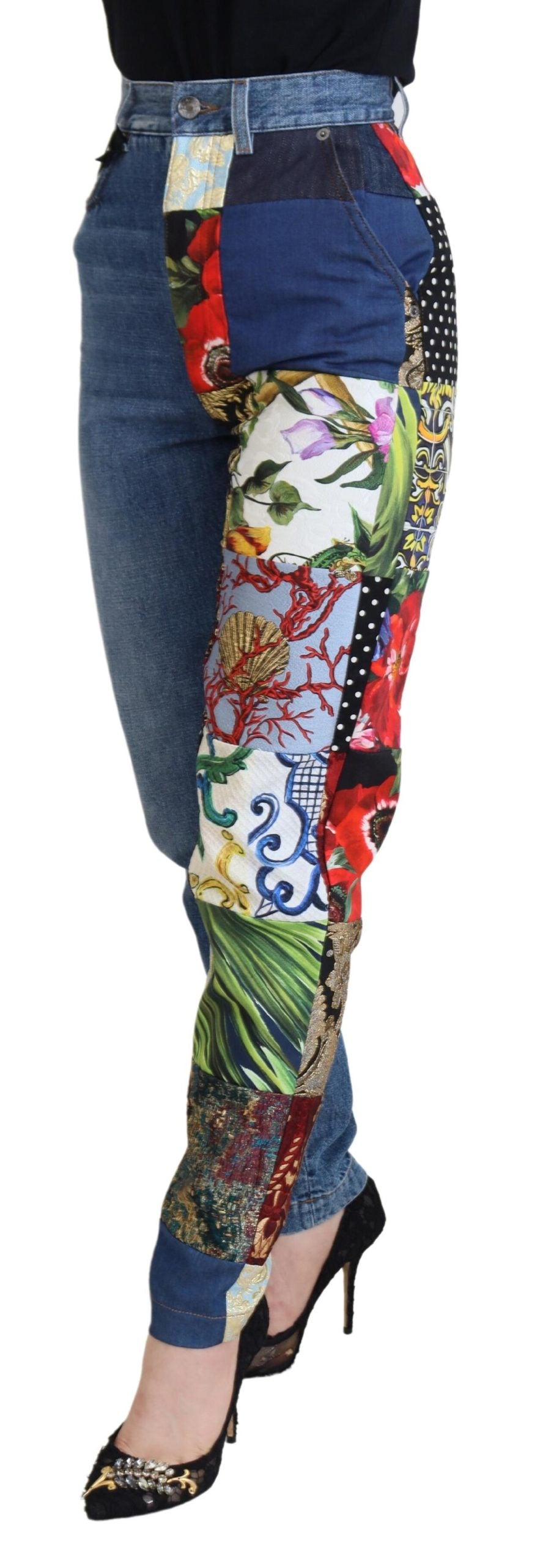 Dolce & Gabbana Blaue Jacquard Majolika Jeans mit hoher Taille