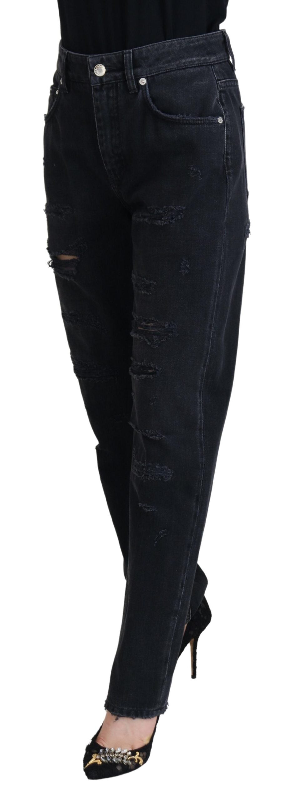 Dolce & Gabbana Schwarze zerfledderte Denim-Jeans mit hoher Taille aus Baumwolle