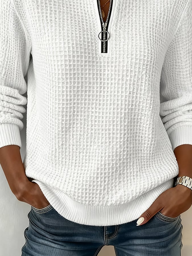 Kuscheliges Waffelstrick Sweatshirt Damen Winter Weiß Zipper