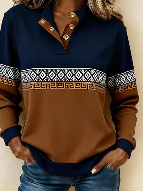 Damen Winter Sweatshirt Ethno Print Navy Camel kuschelweich